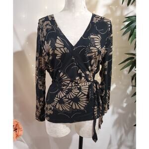 Vtg Old Navy Perfect Fit Y2K Faux Wrap V-Neck Long Sleeve Dark Floral Top XL